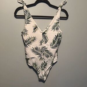 H&M Womens Tropical Print Tie-Shoulder Straps Bodysuit Green & White